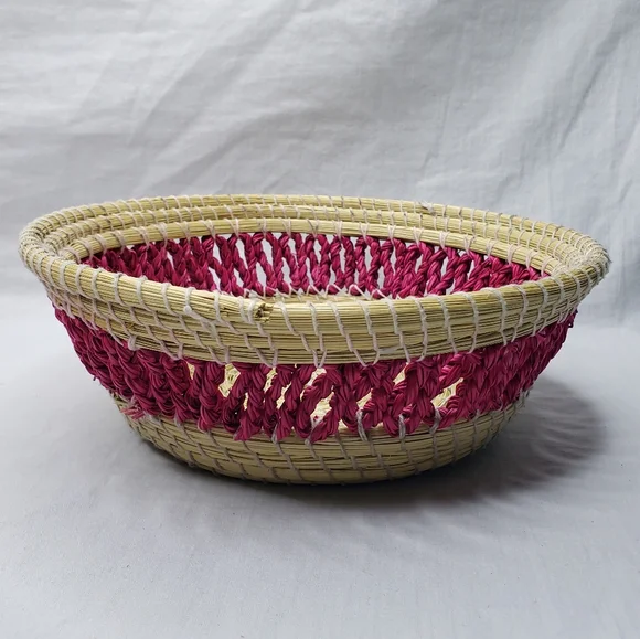 Handwoven Coiled Grass Basket Pink Accents - Picture 5 of 5